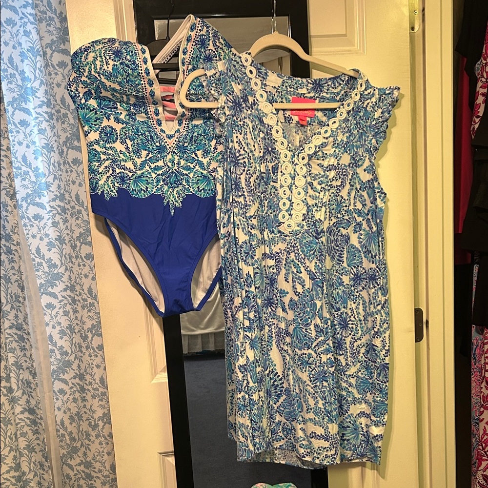 Lilly Pulitzer loraline swimsuit with matching Joan tunic dress